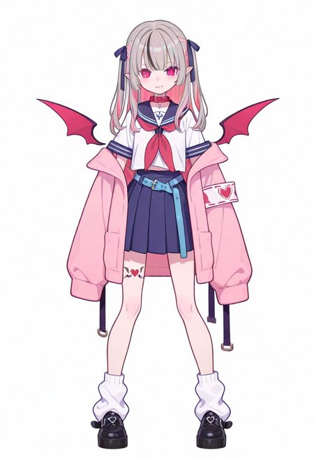 Flatline, Flat vector illustration, looking at viewer, full_body, 
niji-ririmu,flat chest,red eyes,long eyelashes,grey hair,streaked hair,multicolored hair,pink inner hair,pointy ears,fang,heart tattoo,tattoo around thigh,long hair,two side up,black hair ribbon,saggy hair ribbon,red wings,demon wings, 
niji-ririmucos1,serafuku,white shirt,short sleeves shirt,red neckerchief,midriff,blue belt,loose belt,blue skirt,miniskirt,pleats skirt,white socks,loose socks,red choker,red collar,pink jacket,off shoulder jacket,armband,long sleeves,sleeves past wrists,sleeves past fingers, 
slim, slender, fair skin, clear skin, beauty skin, smooth skin, shiny skin, beautiful legs, long legs, 
from front, front view, straight-on, look at viewer, standing, (legs apart:1.4), 
white background,