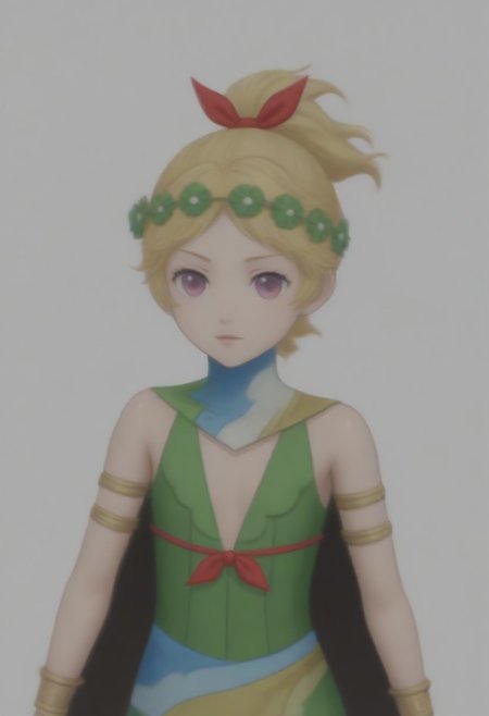 source_anime, anime screencap, source_anime, auratheguillotine, anime screencap, masterpiece, source_anime, shiny skin,,,,,, <lora:zs_DemeterXL:1> demetersmt, blonde hair, ponytail, head wreath, purple eyes, green dress, cleavage, cape, armlet, bracelet,
