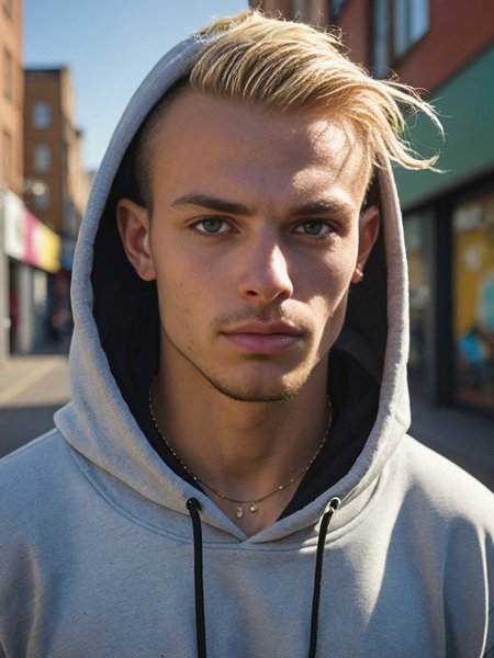 candid street photography, realistic portrait of a hot young male,  hypermasculine fuckboy, testosterone, coarse features, blonde stubble, short frizzy hair with shaved sides, , wide square jaw, erotic, wearing hoodie, nose piercings, jewellery, grunge, light and shadows emphasize cheekbones,  skin pores and imperfections, dark circles under eyes, hungry expression, pasty complexion, dominant, tough,