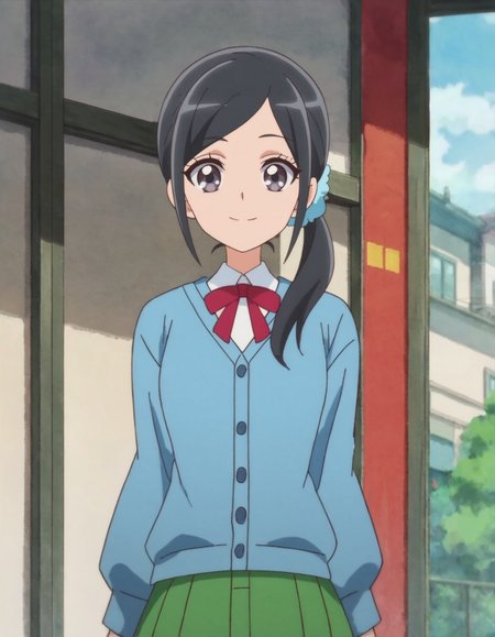 score_9, score_8_up, score_7_up, anime screencap, solo,1girl,sawaizumichiyu, green skirt, shirt, bowtie, white shirt, red bowtie,  school uniform, blue cardigan, red bow,  smile, blue scrunchie, looking at viewer, hair ornament, cardigan, ribbon, cowboy shot,medium breasts,<lora:sawaizumichiyu:0.8>