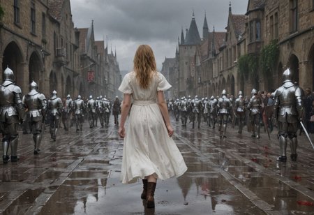 1 young female child with an army of knights.
(the female child is happy in clean white dress) runs with a white flower in her right hand towards background (facing away) from camera. back turned.
(The Army of Knights is covered with blood and wounds), marching from right to left in background. Intense Violance/Gore.
Masterpiece, DonMSt34mPXL, Realistic Lightning, Cinematic Lightning, Dark Lightning, Rain, Puddle, Clouded Sky, medieval, fantasy, pedestrians, Cape, Reflection, 1girl, army