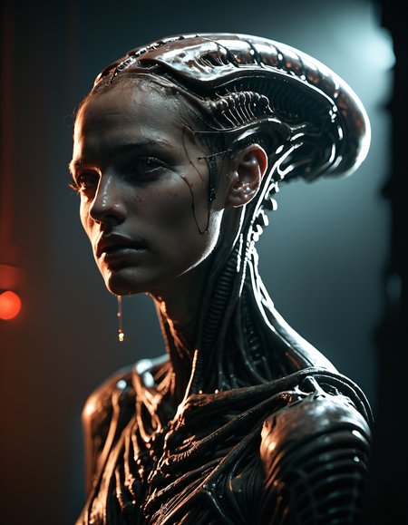 (score_9, score_8_up, score_7_up),  eerie female xenomorph ready to atack in a sophisticated alien ship,  dramatic lighting, <lora:DRKDL:0.5>, Biomechanical, HR giger inspired, organic, oily, bones, dark, scary
