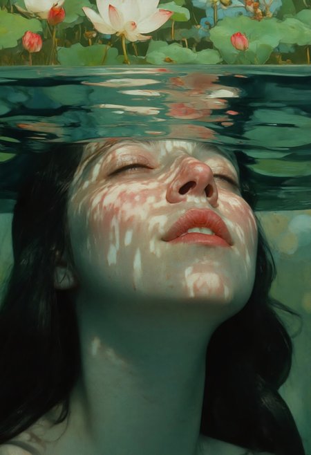 Steve McDonald Art. This is a digital painting in a surrealistic style, featuring a close-up of a young woman's face. The woman has fair skin with a rosy complexion and full, pink lips. Her eyes are closed, and her expression is serene. Her long, dark hair flows around her shoulders, blending into the background. The woman's face is partially submerged in water, which is reflected in her eyes, creating a mesmerizing effect. The water's surface is rippled and distorted, with hues of green and blue, and it has a reflective quality that mirrors the surrounding environment.
The background is a lush, green, and serene underwater landscape, with large, white lotus flowers and other aquatic plants. The colors are muted and soft, with a mix of greens, blues, and oranges. The texture of the painting is smooth, with subtle brush strokes and gradients that enhance the depth and realism of the water and the woman's skin. The overall mood of the painting is tranquil and ethereal, capturing a moment of calm and introspection. <lora:Steve_McDonald:1.25>