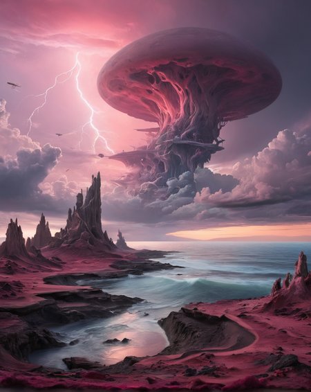 Surrealism, ultimate Surreal Art, ultimate strange art,cool full color, ultimate strange deformed object, ((ultimate strange detailed background)),ultimate strange landscape,the space is filled with strange incomprehensible surreal things, strange unreal surreal vision,
 dreamlike, mysterious, provocative, symbolic, intricate, detailed, ultradetaled,8k,perfect, super detailed, award winning art,
archipelago,
Shaded,incomprehensible,meteorology,restrictive,robust,
slightly cloudy, and lighting strikes,,,
dawn,
Xanti Schawinsky,
muted color,
pink,
 <lora:add-detail-xl:0.7>,<lora:abysues:0.6>, expressive, dramatic, organic lines and forms, dreamlike, mysterious, Surrealism