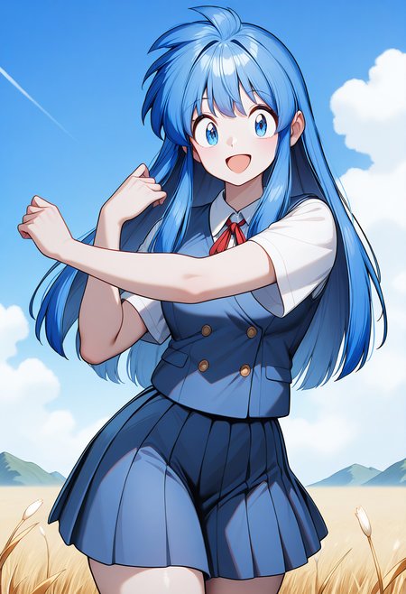 smile, open mouth, 
okinu-chan, blue eyes, blue hair, sidelocks, long hair, school uniform, blue vest, collared shirt, short sleeves, pleated skirt, blue skirt, <lora:gs_okinu-chan_illustrious_ver1:0.8>, masterpiece, best quality, general,, 1girl, solo, (field:1.2), (blue sky:1.2), looking at viewer,, (cowboy shot, dynamic pose:1.2),