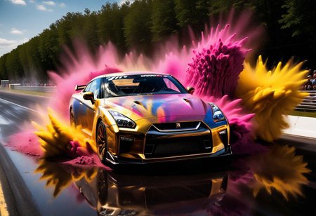 GOLD LIQUID METAL Nissan GT-R, race car, racing through jumps through SILVER LIQUID METAL water, sprays up from the cars tyres, Car drifting in a black void, huge Colorful Powder Explosion above the car