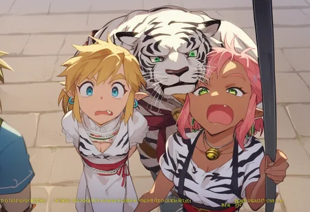 score_9, score_8_up, score_7_up, score_6_up, Masterpiece, source_anime screenshot, duo, 1 girl, 1 boy, vivid colors, full color, shiny and glossy, anime style, high-res, beautiful aesthetic, very intricate, high-quality details, vibrant, highly detailed, award-winning, professional, <lora:pink-ponyxl-v2:1>, 1 girl, single fang showing, sleeveless dress, white tiger print dress, pelvic curtain, cleavage, white cat ears, cat bell necklace, bright pink hair, tanned, white tiger tail, red sash, small breasts, leather shoes, detailed eyes, green eyes, detailed face, break, <lora:link:1> 1boy, link1, link, pointy ears, blonde hair, blue eyes, medium hair, side locks, earrings, short ponytail, blue hylian tunic, break, pink and link shouting, pink and link holding signs high above their heads, front view,