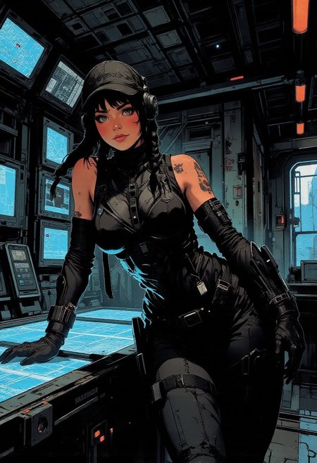 In the style of ff-td, nistyle, Silhouette Art, magnificent, inksplash, crisp lines, closeup portrait of stunning sci-fi space marine, flight deck, spaceship control room, beautiful girl, breasts, curvy, looking at viewer, holographic displays, leaning against table, sniper rifle on back, smirk, holographic map table, dark braided hair, backwards hat, spartan armor, halo game, black armor, blue highlights on armor, chest armor, sci-fi armor, sleeveless, arm sleeve tattoos, muscle tone, dogtags, armored legs, sweaty, directional lighting, dark background, blue lights, foreshortening, depth of field, 
Closeup, detailed face, freckles,