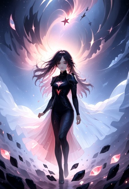 A beautiful woman stands at the edge of a vast, starry void, her form beginning to dissolve into a swirling storm of black, gold, silver, and red rose petals. Her face is serene, almost ethereal, as if she’s accepted her transformation. Her long hair flows gently in an otherworldly breeze, and her eyes, filled with a mix of sadness and wonder, gaze into the infinite cosmos. As the petals break away from her body, they are caught in a cosmic whirlwind, spiraling upward into the darkness. The black petals shimmer faintly, their edges glowing with gold and silver, while the red petals burn like embers, leaving trails of fiery light. The stars around her pulse and twinkle, their light reflecting off the petals and creating a mesmerizing dance of shadows and light. The atmosphere is a perfect blend of melancholy and beauty, capturing the woman’s transition from the physical world to the cosmic unknown. The scene is both haunting and enchanting, as if she’s becoming one with the universe itself." Additional details for refinement: Style: Hyper-realistic or semi-realistic, with a focus on atmospheric lighting and fluid motion. Lighting: Soft, cosmic light with glowing highlights on the petals and stars. Color palette: Deep blacks, shimmering golds and silvers, and fiery reds (petals), with shimmering whites and blues (stars). Mood: Melancholic, mystical, and awe-inspiring, with a sense of transcendence and beauty.