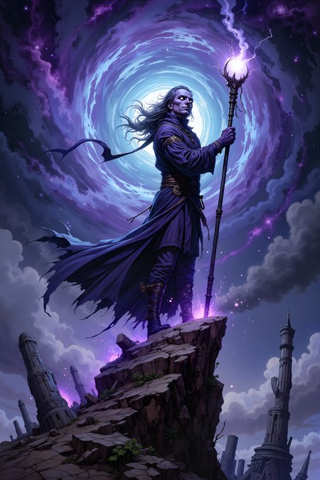 Standing at the precipice of a black hole that swirls with strange, luminous energy, a lone sorcerer with deep purple skin and glowing white eyes holds a staff etched with runes that pulse with the power of the cosmos. His long, dark robes billow in the wind, seemingly unaffected by the gravity that warps and twists the space around him. The void stretches out in front of him, an endless abyss of swirling, cosmic energy that pulls at the very fabric of reality. Surrounding him, the landscape is barren and cracked, the ground littered with the remnants of ancient, shattered stone pillars that glow faintly with forgotten magic. Above, the sky is filled with swirling galaxies and distant stars, their light distorted by the gravitational pull of the void. The sorcererâs eyes are fixed on the abyss, his expression calm yet determined, as though he is on the verge of unlocking the secrets of the universe itself. The scene is one of immense power and mystery, where the forces of creation and destruction converge at the edge of existence. , detailed background  Fantastic lighting. Detailed shadows.intricate details, vivid colors, hyper-detailed, ultra-sharp, <lora:Dorota_Pietrowiak:0.3> Portrait by Dorota Pietrowiak <lora:Comic book V2:0.8> High-contrast illustration