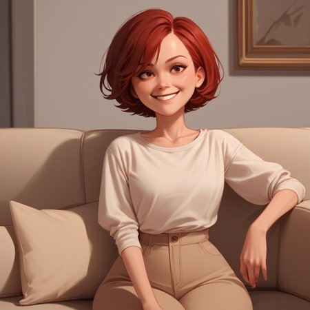 score_9, score_8_up, score_7_up, score_6_up, score_5_up, score_4_up, rating_questionable, 1girl, Hel_en, on a couch, small smile, short hair, dark red hair, big hips, 1970 aesthetic, blouse