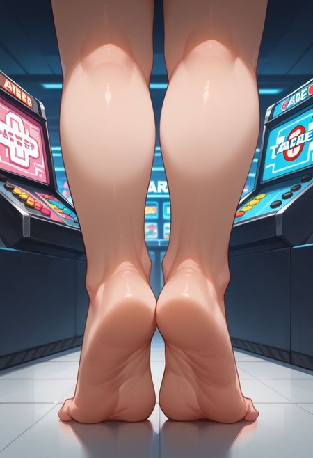 Dark interior, neon ambient light,  arcade, feet from behind, standing at arcade machine, soles, tip toe, standing on ground, carpeted, score_9,score_8_up,score_7_up,score_6_up,source_anime,1girl,mistress,lower body,painted toenails, feet, barefoot