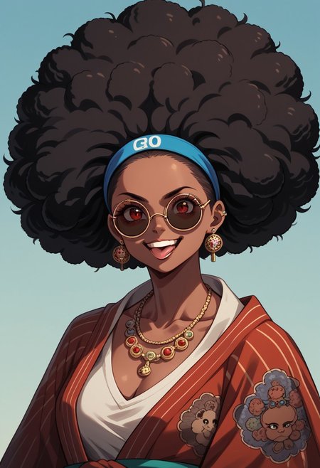 score_9, score_8_up, score_7_up, 1girl, solo, long hair, looking at viewer, smile, open mouth, afro hair, afro, black hair, red eyes, jewelry, afro puffs, earrings, glasses, teeth, tongue, necklace, piercing, sunglasses, ear piercing, portrait, round eyewear, tinted eyewear, geishastyle