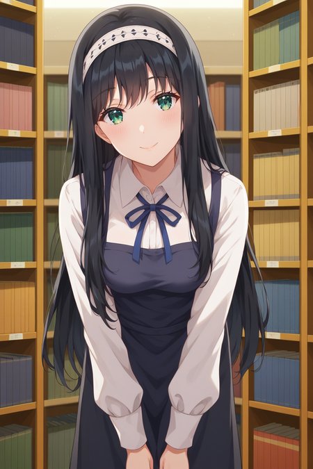 score_9, score_8_up, score_7_up, source_anime, 1girl, prefect lighting, very aesthetic, intricate details, highly detailed background, masterpiece, high quality, prefect hands, best quality, solo,
<lora:Shiori_Yomiuri_Days_with_My_Stepsister_V1:.85>, kjoshiori, green eyes, black hair, long hair, bangs, headband,
collared shirt, apron, black skirt, pantyhose, 
leaning forward, head tilt, blush, smile, 
Store, bookshelf, bookstore, 
(Beautiful, medium Breasts:1.2), natural breasts,