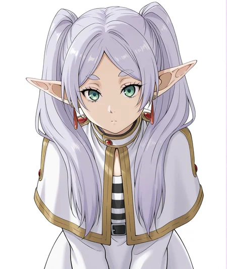 highres, absurdres, hi res, best quality, masterpiece, 2d, intricate details, 4k, anime coloring,
1girl, solo, female, eyelashes, nose, white hair, silver hair, pointy ears, twintails, parted bangs, long hair, green eyes, frieren,
dress, long sleeves, 
upper body, leaning forward, 
white background, <lora:Gegera_(Style)_ILXL:1>, gegera,