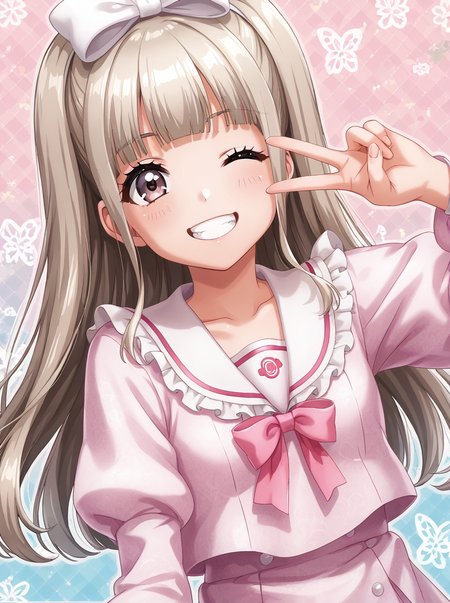 detailed background, shiny skin, 
<lora:kurumi.pony:1>,
kurumi,
v,w, 
one eye closed,