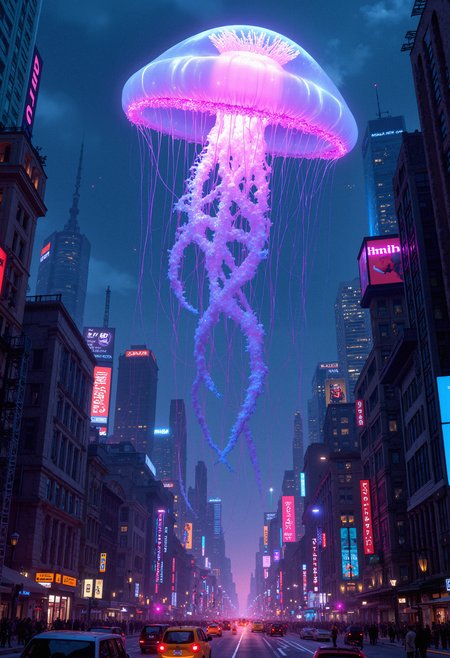 A surreal and whimsical image of a giant jellyfish floating in the sky above a bustling city. The jellyfish's translucent tentacles stretch down towards the skyscrapers, casting soft, multicolored lights over the streets below. The jellyfish itself glows faintly from within, with its body shifting between shades of pink, blue, and purple. The city is illuminated by the neon lights of billboards and cars, creating a contrast between the urban environment and the ethereal creature floating above. The scene feels like a mix of fantasy and science fiction, capturing a moment of awe and surreal beauty.   <lora:FluxMythP0rtr4itStyle:0.8> MythP0rt,