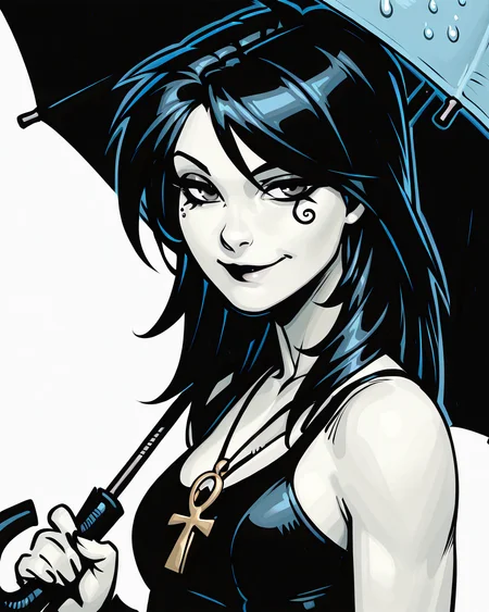 masterpiece, best quality, absurdres, perfect quality, absolutely eye-catching,   <lora:ChrisBachaloIllus:1> bachalo,  <lora:Death of the EndlessilluLoRA:0.8> dethofend, pale skin, colored skin, long hair, ankh necklace, tank top,  umbrella, over shoulder, 1girl, solo, , smile, looking at viewer, tattoo under eye, portrait,