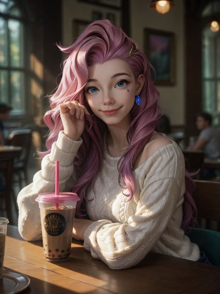 score_9, score_8_up, score_7_up, score_6_up, score_5_up, score_4_up, realistic,
1girl, seraphine <lora:seraphine-PD-1.0:1>,
sitting at table, looking at viewer, cute, (flirting), head tilt,
bokeh, sunbeam, aesthetic, perfect lighting,
white sweater, bubble tea,