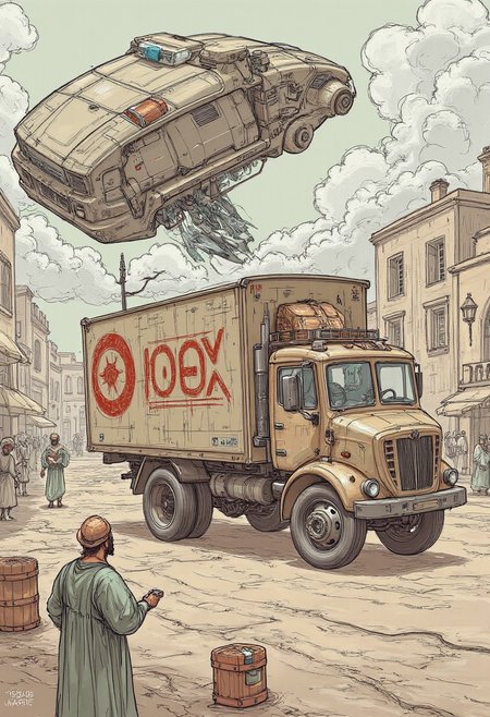 Sketch of, A time-traveling delivery truck, its exterior shimmering with temporal distortion, materializes in a historical marketplace. The truck's cargo bay opens to reveal packages from the future, containing advanced technology and cultural artifacts. The vehicle's AI navigates the historical setting, avoiding paradoxes and ensuring the safe delivery of its cargo. The surrounding marketplace is a vibrant scene of historical commerce.
