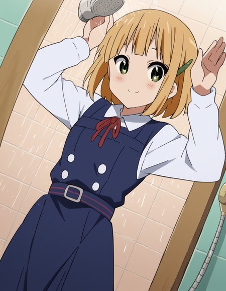 score_9, score_8_up, score_7_up, source_anime, <lora:midori-tokiwa-s1-ponyxl-lora-nochekaiser:1>, midori tokiwa, short hair, blonde hair, hair ornament, green eyes, hairclip,, school uniform, pinafore dress, ribbon, red ribbon, long sleeves, blue dress, buttons, long skirt,, shower, water, steam, shower head, tiles, smile, <lora:rabbit-pose-ponyxl-lora-nochekaiser:1>, rabbit pose, smile, blush,, looking at viewer, solo,, dutch angle, cowboy shot