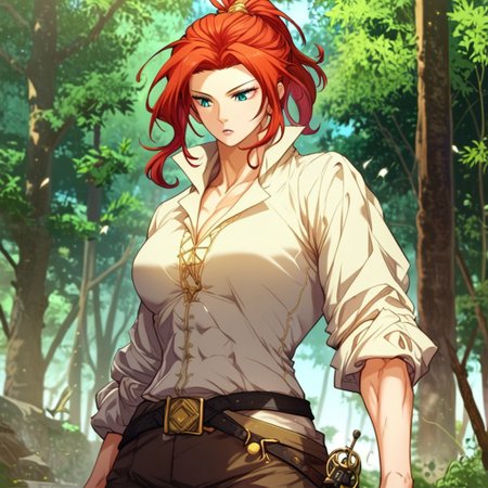 score_9, score_8_up, score_7_up, masterpiece, very high quality, Anime_source, AliciaTermina, blue eyes, red hair, medium hair, ponytail, working uniform, epiCPhoto, brown pants, white top, belt, abs, trees, dark sky,