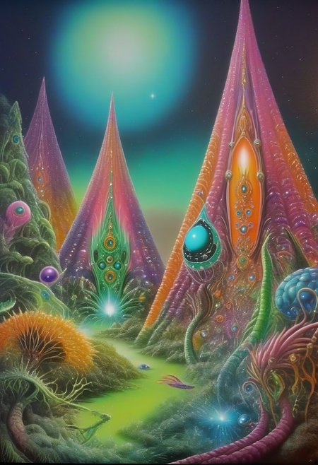70s airbrush painting of an infinite jeweled alien garden <lora:70s_Sci-Fi_Art_XL:1>