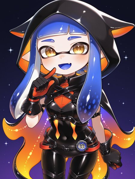 namielle armor, 1girl, cosplay, inkling girl, solo, fang, open mouth, yellow eyes, blue hair, long hair, looking at viewer, smile, standing, :d, gradient hair, orange tentacle cape, black bodysuit, black hood, black gloves, black shorts, black thighhighs, black thigh boots,
masterpiece,best quality,amazing quality,very aesthetic,absurdres,newest,<lora:Namielle Beta Armor illuXL v1:0.75>,
