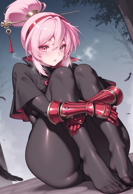 fuya,  outdoors, undershirt, falling feathers, black bodysuit, hair stick, hugging own legs, , gauntlets,   eyeshadow,   red gloves,  high ponytail,  , black capelet, red hairband, pink eyes, 1girl, solo, feet, visible breath,   dynamic angle, foreshortening, smell, steam,