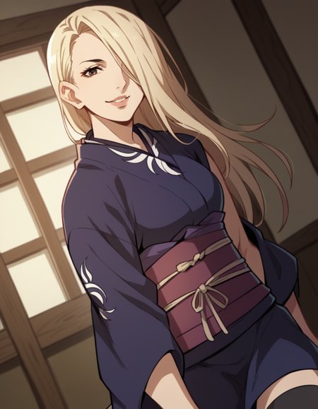 score_9, score_8_up, score_7_up, source_anime, <lora:hyakurin-s1-ponyxl-lora-nochekaiser:1>, hyakurin, long hair, blonde hair, hair over one eye, brown eyes, lips,, thighhighs, japanese clothes, black thighhighs, kimono, sash, indoors, smile, looking at viewer, solo,, cowboy shot, dutch angle