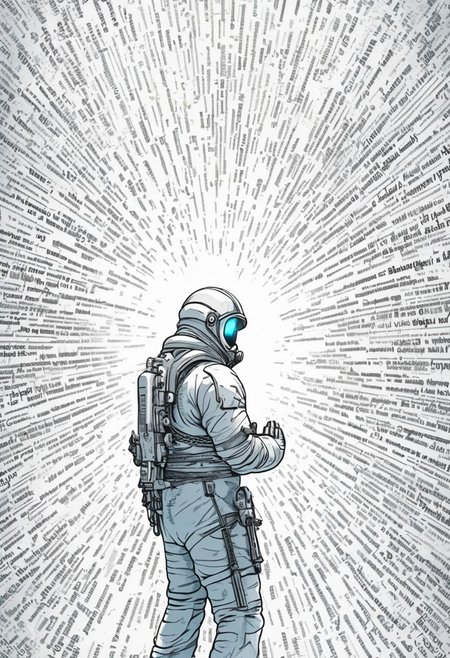 illustration of an Space man praying in church, text, highly detailed, motion blur, 4k, uhd, masterpiece,