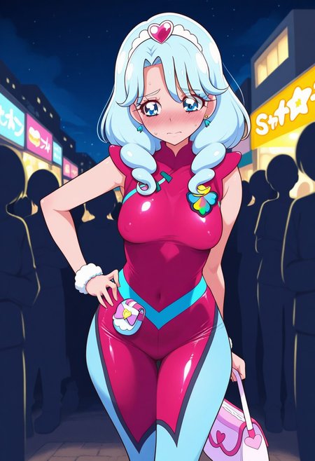seisitive, mom, 40yo, (((pretty cure cosplay))):2, in public, many people around, being watched, light blue hair, shootingstars, night, posing, shy, masterpiece, best quality, amazing quality