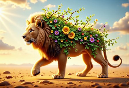 a majestic lion striding purposefully across the vast expanse of the African savanna. Golden sunlight bathes the landscape in a warm, inviting glow, while a soft, hazy sky stretches out infinitely above, painted in delicate tones of powder blue and lavender.
Now visualize the lion's silhouette becoming enveloped in a lush, verdant haze. As if transported magically from the jungle, a symphony of rich foliage fills the contours of the king of beasts' form. Graceful branches and leaves spill out from the edges of his muscular shoulders, draping down his flank like a mantle of emerald satin. Vines twist and coil around his powerful forelegs, while clusters of vibrant flowers bloom from the tufts of his ears and beard.
Despite this sudden eruption of plantlife, the lion moves with the same fluid ease and dignity as before. Each stride carries him calmly forward, hooves sinking softly into the sandy soil. His expression conveys a profound sense of peace and contentment, as if he were communing intimately with the very essence of the wilderness.
perspective, light and shadow, religious, mythological themes, magnificent, celestial, ethereal, moody, epic, majestic, magical, very aesthetic, rich details, 
surreal, concept-art, fantasy, beautiful, painterly, detailed, textural, artistic, aesthetic, intricate details, highly detailed, vivid,  volumetric lighting,