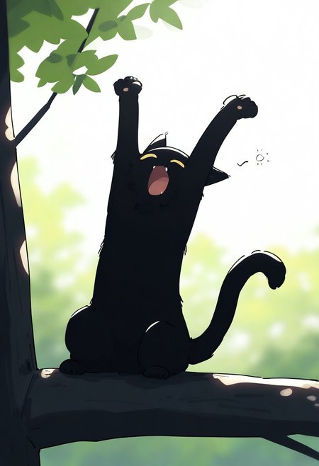 chii-kun \(seedyoulater\), naguru \(cyoroama\), 
very awa, masterpiece, highres, absurdres, newest, year 2024, year 2023, 
(cat:1.2), black cat, (no humans:1.1), scared, paws, fur, (cute:1.2), comfy, solo, stretching, yawning,
tree branches, OO,
day, sunlight, sunrays, 
<lora:TA_trained:0.75>, <lora:ponyv4_noob1_2_adamW-000017:0.33>, <lora:shiroski:0.75>,