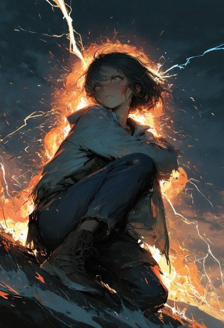 realistic,  masterpiece, best quality, amazing quality, highres, absurdres,  BREAK  masterpiece, best quality, amazing quality, highres, absurdres, BREAK, fire burns, explosions, lightning, young woman walks, (solo), very serious, action pose, BREAK fooling around intricate cinematic background,