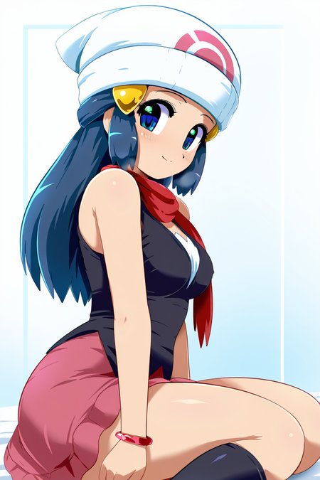 masterpiece, best quality, zzDawn, blue hair, blue eyes, sidelocks, long hair, bare shoulders, beanie, black shirt, black socks, bracelet, hat, jewelry, kneehighs, miniskirt, pink skirt, red scarf, scarf, shirt, skirt, sleeveless, sleeveless shirt, white headwear,  <lora:DawnPokemonIXL_e07:1.0>    <lora:KonpetoIXL:1.0>, Konpeto, upper body, side view, smile, looking at viewer, shiny skin,
