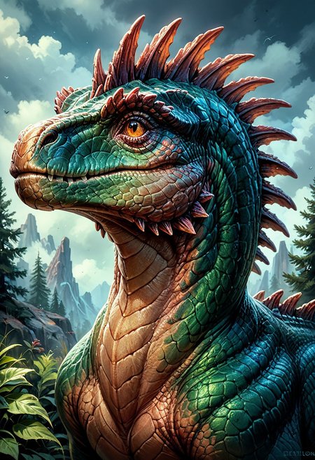 score_9, score_8_up, score_7_up, solo, portrait, from side, 1man, giant dinosaur reptillian, spines, feral, realistic scales, detailed scale texture, solo, outdoors, solo, headshot, solo, extremely detailed, Macro detailed realism style photograph, 3DMM