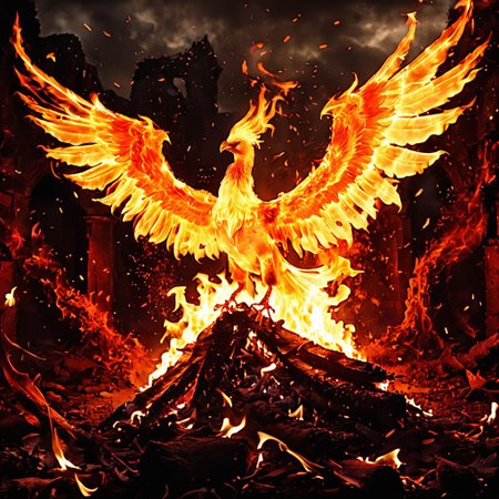 (fire), A majestic phoenix rises from smoldering ashes, wings fully outstretched, ablaze with radiant orange, gold, and crimson flames. Embers swirl around its powerful body as molten feathers shimmer against a darkened sky. In the background, blackened ruins give way to glowing lava cracks and blooming fire lilies. The creature's eyes burn with ancient wisdom and rebirth. (mythical realism, dynamic lighting, cinematic glow, fiery energy, high-detail feathers and flame textures, epic fantasy mood)