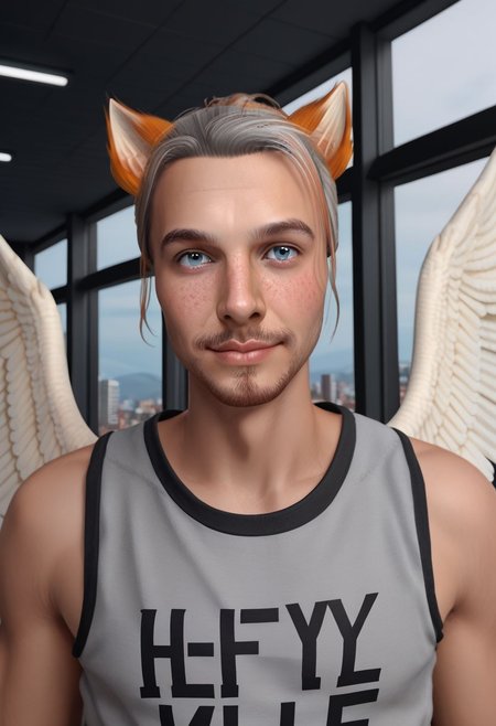 Roiadan Vanzey, solo, looking at viewer, blue eyes, 1boy, animal ears, upper body, grey hair, male focus, wings, tank top, portrait, sidelighting, happy accidents, enigmatic, facial hair,  feathered wings, freckles, nightclub scene, windows, signs, PonyXLV6_Scores zPDXL