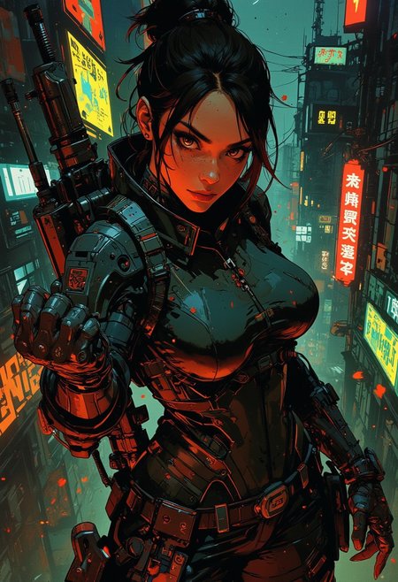 magnificent, closeup portrait, female bounty hunter, braided black hair, futuristic armor, sexy, curvy, large breasts, large ass, a rifle strapped to her back, holstered pistol, Cyberpunk City, Neon Lights, cracking knuckles, hands together, fists, holding own fist, 
looking at viewer, solo, 
Cowboy Shot, close up, from above,