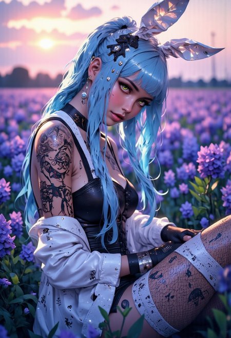 Youthful, natural skin, wearing a cute, elegant and cute bunny-themed outfit, featuring fluffy white bunny ears, a lace-up corset with fur accents, and plaid bows. She wears fishnet stockings with garter belts, lace gloves, and matching accessories. cinematic shot from a low angle masterpiece 30mm A close-up portrait extreme realistic depiction of a young japan woman with long, straight, vibrant blue hair styled with blunt bangs, pale skin, and delicate floral beautiful tattoos on her arms and legs. Her pose is playful and stylish, She Bent Over against a backdrop of a lush field filled with blue violets, adding a vibrant, natural touch. creating a soft, natural contrast to her outfit. The lighting is dramatic, highlighting the woman and violets field against the sunset background. The image is styled with a muted color palette, The image has a slightly desaturated, moody aesthetic, with soft lighting and a slightly blurry background. The overall aesthetic is ethereal and slightly melancholic yet intimate, reminiscent of fine art photography. High detail, cinematic lighting. (cinematic, film grain:1.1), The style is reminiscent of Japanese fashion photography. soft natural lighting, intricate details, detailed, high quality, 8k, style of Light painting, aidmaglow, cute face, seductive eyes, open mouth, smile, Expressiveh, (from above, upper body:1.2), her back facing the camera, ((from behind, ass focus, bent over)),