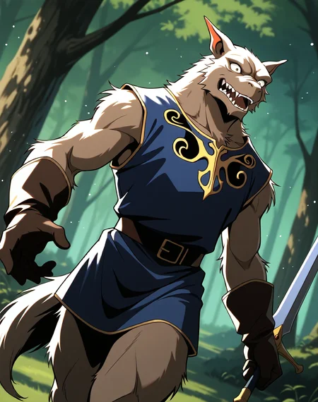 <lora:Kobold_(Record_of_Lodoss_War)_(Illustrious)_(AD):1> kobold, muscular, Record of Lodoss War, 
dutch angle, exterior, battleground, dynamic action, dutch angle, fantasy forest, nature landscape, 
kobold soldier, no pants, fur tail, furry body, cowboy shot, sword, bent leg, twisted torso, male chest focus, 
BREAKvery awe, aesthetically pleasing, masterpiece, best quality, amazing quality, very aesthetic, perfect depth of field shot, masterclass color theory, in'ei, gradient style coloring, source_anime, masterclass anime, 
Smooth Quality, lazympos, IllustQualXL_Pos,