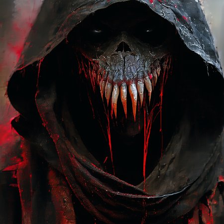 Tribal style ethereal fantasy concept art of macro shot, Horror-themed Horror-themed dutch angle, white and red, lots of (sharp teeth:1.2) , hoodie, Dark RPG old-school style, dark, spooky, grim, alone in the dark, ultimate evil
