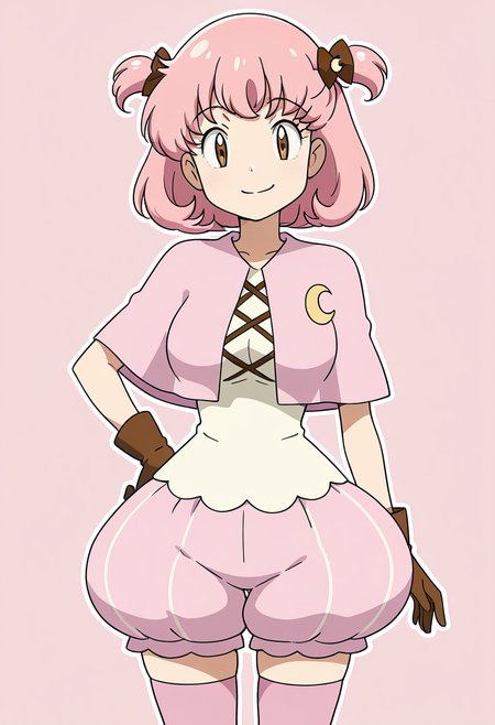 masterpiece, best quality, solo, curvy, beautiful eyes, narrow waist, large breasts, 1girl, solo, smile, looking at viewer,    zzMomo, brown eyes, short hair, pink hair, hair bow, two side up, hair ornament, hair ribbon,  capelet, white shirt, brown gloves, puffy shorts, pink thighhighs, zettai ryouiki,  ,<lora:MomoByKurumiErika_IXL:1.0>,  cowboy shot, hand on hip, smug, smile, looking at viewer, shiny skin,