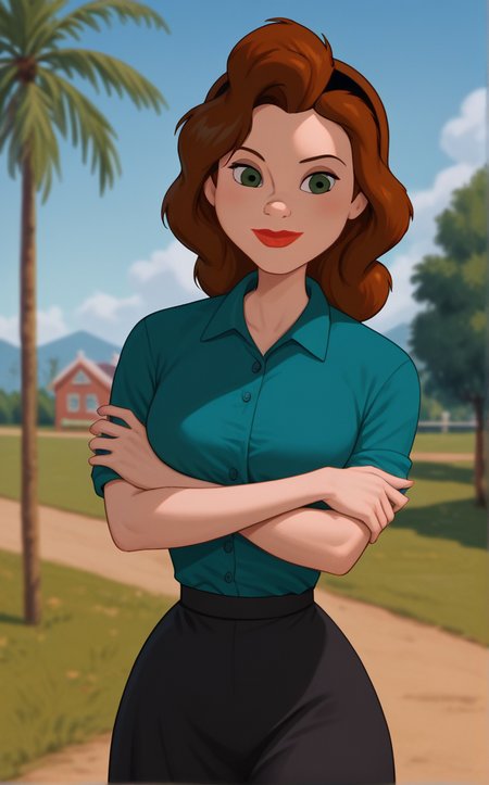 score_9, score_8_up, score_7_up, absurdres, 1girl, bare tree, branch, breast hold, crossed arms, day, outdoors, palm tree, stomach, cowboy shot, blue sky, cloud, blurry background, legs together, closed mouth, standing, thighs, arm under breasts,<lora:PONYXL_IronGiant_AnnieHughes_ownwaifu:1>, BREAK GreenShirt_AnnieHughes_ownwaifu, 1girl, aqua shirt, black hairband, black skirt, blue shirt, breasts, brown hair, collared dress, collared shirt, eyeshadow, green eyes, green shirt, lipstick, long hair, long skirt, makeup, medium breasts, nose, polo shirt, red lips, short sleeves, sleeves rolled up, <lora:add-detail-xl:0.15>,