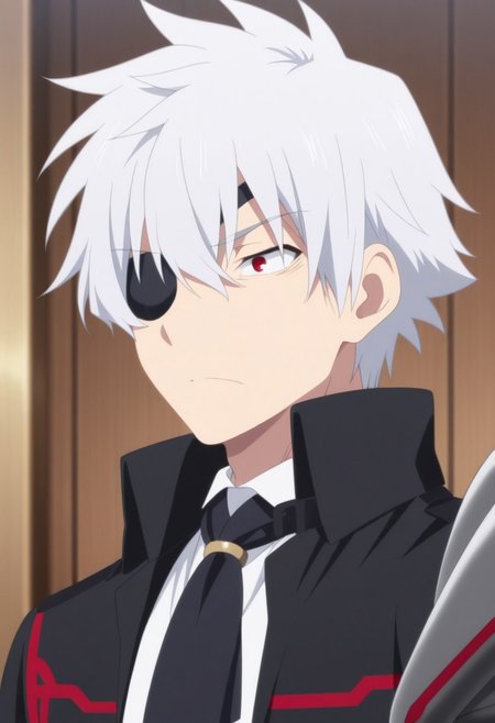 masterpiece,best quality,amazing quality, source_anime, 
NagumoHajime, 1boy, male focus, solo, red eyes, eyepatch, white hair, single mechanical arm, shirt, white shirt, collared shirt, necktie, black necktie, coat, black coat, portrait,