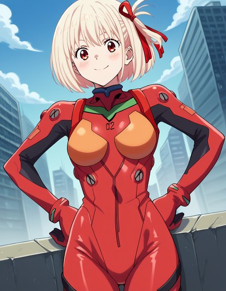 score_9, score_8_up, score_7_up, source_anime, chisatonishikigi, <lora:chisato-nishikigi-s1-ponyxl-lora-nochekaiser:1>, chisato nishikigi, short hair, bangs, blonde hair, red eyes, hair ribbon, one side up, bob cut,, <lora:souryuu-asuka-langley-cosplay-ponyxl-lora-nochekaiser:1>, souryuuasukalangleycosplay, souryuu asuka langley \(cosplay\), bodysuit, pilot suit, plugsuit, red bodysuit, interface headset,, cityscape, smile, blush, hands on hips,, cowboy shot, dutch angle,