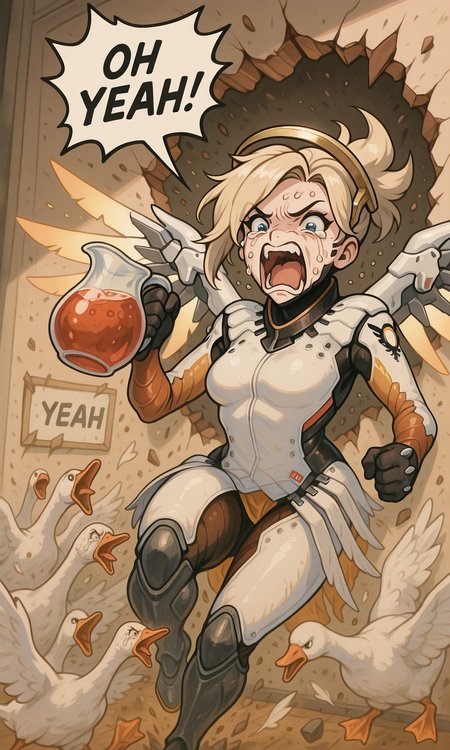 embedding:IllusP0s, OH YEAH!, breaking through wall, holding pitcher, speech bubble, debris, goose ambush, 6+ geese, mercy_\(overwatch\), screaming, crying, 1girl, solo, white bodysuit,<lora:goose ambush_illustrious.safetensors:1.0:1.0> <lora:OH YEAH_Illustrious.safetensors:1.0:1.0>