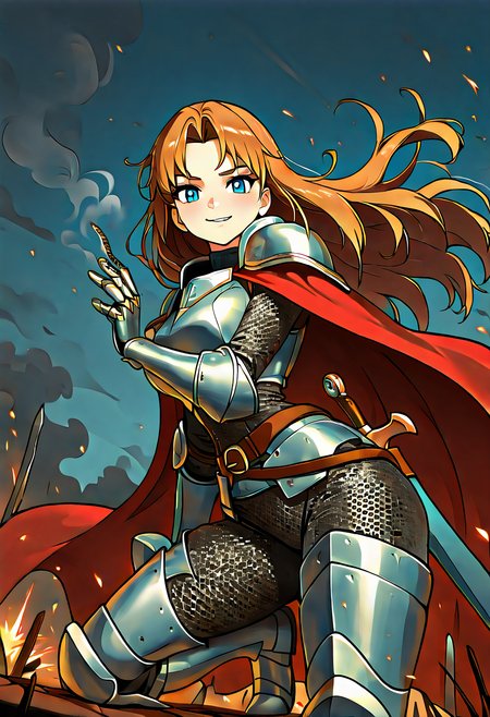 masterpiece, best quality, solo, curvy, beautiful eyes, narrow waist, wide hips, 1girl, solo, smile, looking at viewer, dynamic angle, foreshortening, close up,    zzMolly, molly hale, blue eyes, brown hair, parted bangs, long hair,   ,<lora:MollyHalePokemonIXL:1.0>, [Cinderswept Knight], armored coat with scorched bronze trim, crackling red cape, flame-motif gauntlets, ash-lined boots, blade sheathed in ember scabbard, chainmail patterned like rising sparks, obsidian pauldrons with glowing crests, battlefield haze, smoke in the air, guarded stance, alert expression,