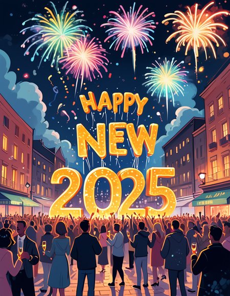 positiv Clip L:
   ink, illustration, celebration scene, with fireworks lighting up the night sky in vivid colors, a cheerful crowd gathered in a festive urban square, people holding sparkling champagne glasses, 'Happy New Year 2025' displayed in glowing letters, a joyful and optimistic atmosphere, ultra-detailed 3D cartoon style, with dynamic lighting and a polished festive aesthetic.
positiv Clip G:
   ink, illustration, celebration scene, with fireworks lighting up the night sky in vivid colors, a cheerful crowd gathered in a festive urban square, people holding sparkling champagne glasses, 'Happy New Year 2025' displayed in glowing letters, a joyful and optimistic atmosphere, ultra-detailed 3D cartoon style, with dynamic lighting and a polished festive aesthetic.